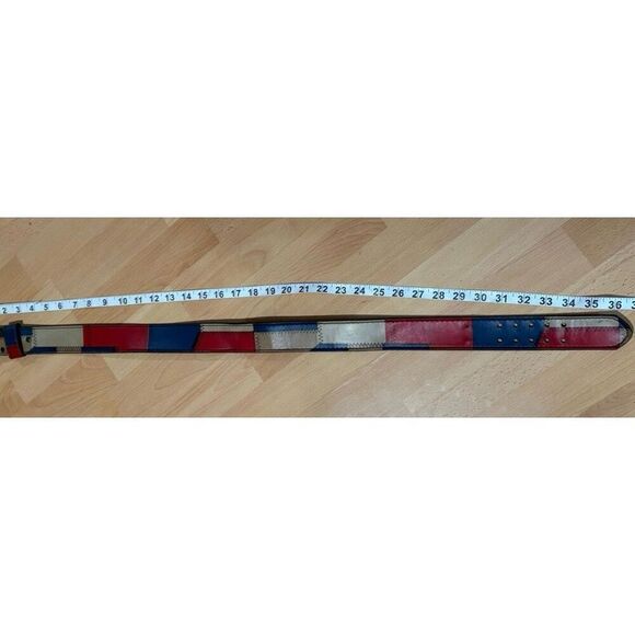 Vintage Multicolored Patchwork Tan Red & Blue Color Block Leather Belt main image 12